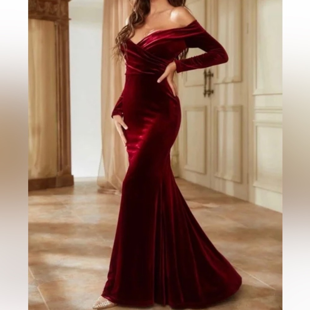 Luxe Burgundy Velvet Off Shoulder Party Gown Dress